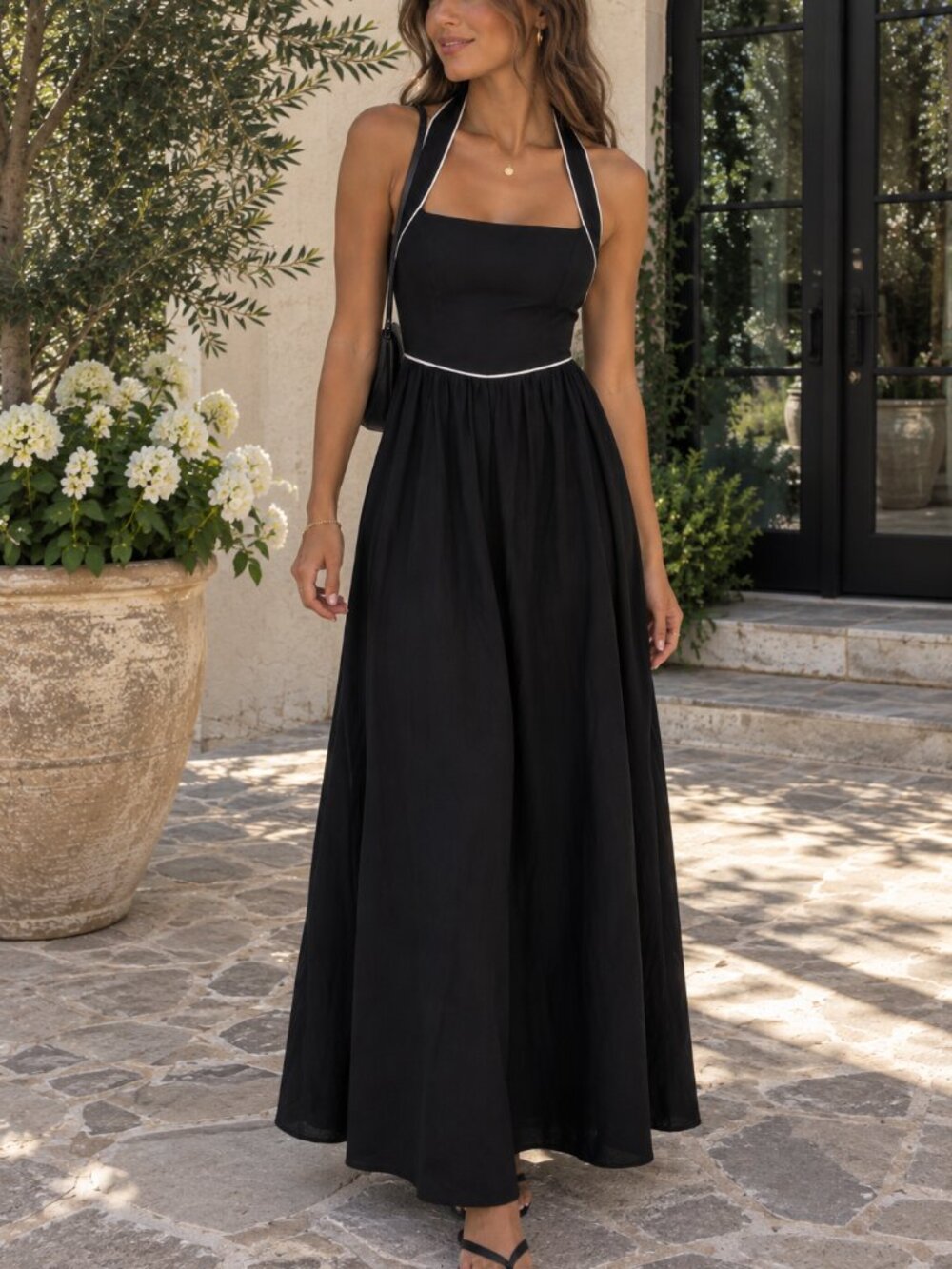 White Closet Black White Linen Blend Halter Neck Maxi Dress Small NWT